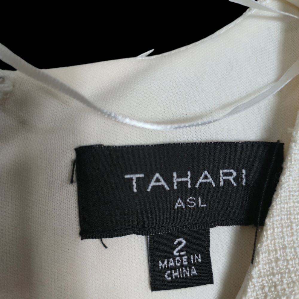 Tahari Vanilla Belted Textured Sheath Dress Off White Cream Fringe Short Sleeve - Picture 7 of 14